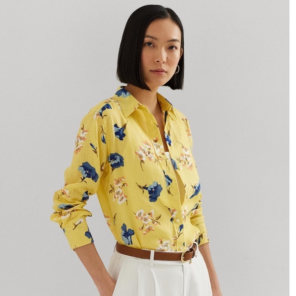 GUC. Women's Floral Roll-Tab Shirt, Petite Medium - gorgeous colors. Linen - Picture 2 of 9